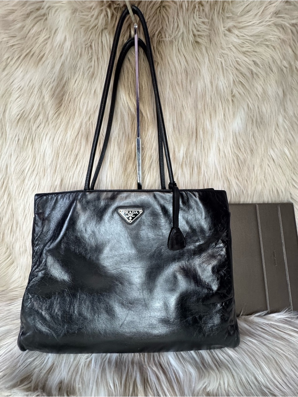 Prada Black Leather Tote with Triangle Logo